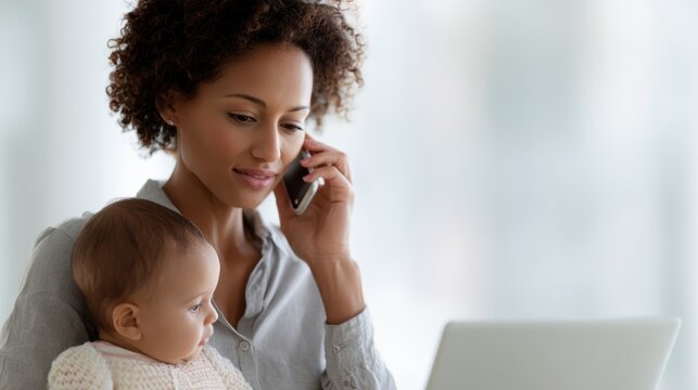 Parent multitasking at home, holding infant while managing work calls, work-life balance theme