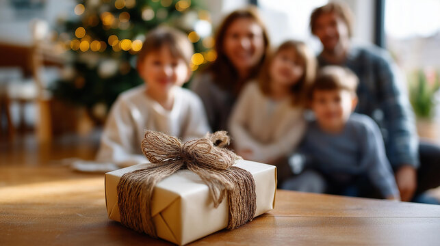 Faceless happy family with children and Christmas gifts on floor defocused home background with tree holiday present moment family celebration seasonal gift giving scene with
