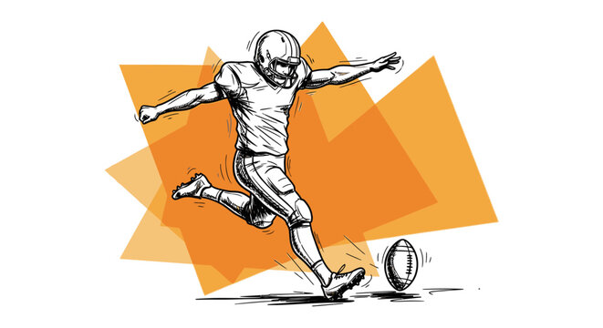 Dynamic american football kicker with energetic orange shapes in graphic style