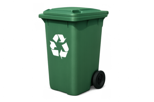 Green garbage bin with a visible recycling logo, symbolizing eco-friendly waste management, environmental care, and resource conservation - Powered by Adobe