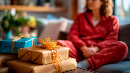 Faceless person in red pajamas sitting on sofa defocused background stack of Christmas gifts beside holiday relaxation moment festive present pile cozy celebration atmosphere