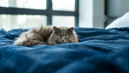 A beautiful fluffy gray cat relaxing on a blue bed in a bright room