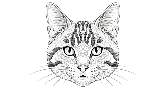 Detailed monochrome portrait of a tabby cat emphasizing expressive eyes and intricate fur markings