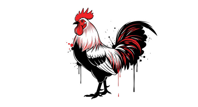 Vibrant rooster artwork with splatter effects creating a bold and modern aesthetic design