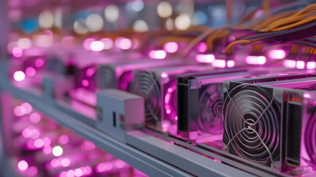 High-performance GPU mining farm with rows of illuminated video cards and cooling fans, emotion of determination and innovation visible, highlighting the energy-intensive world of blockchain