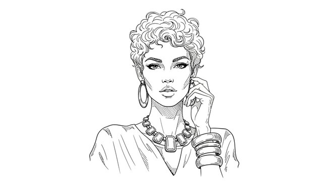 Sketch of a poised woman with jewelry conveying a sense of elegance and introspection