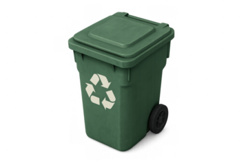 Green recycling bin with wheels, promoting waste management, environmental protection, and a sustainable future with transparent background