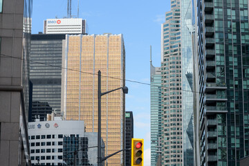 Fototapeta premium looking up, north on Bay St to modern office towers in the financial district, Toronto