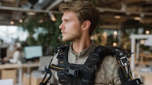 High-tech lab filled with sensors and robotic exoskeleton prototypes being tested by workers, emotion of professionalism and excitement visible, symbolizing AI-powered motion analysis, industrial