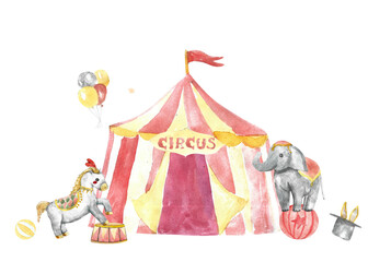 Cute circus background. Hand drawn illustration. Watercolor circus animals and tent. Celebration design, perfect for greeting cards, event, invitations.