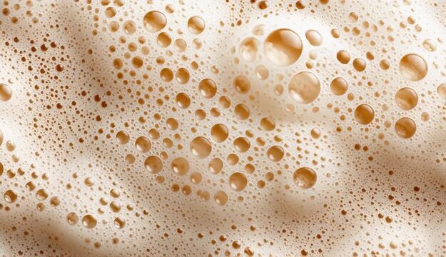 Close-up of beige frothy bubbles on a milky liquid, with various-sized foam bubbles creating a creamy surface.