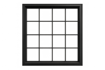 Black window frame with transparent glass panes and an elegant grid pattern, creating architectural design element