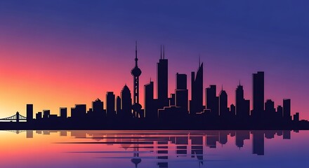 Fototapeta premium Silhouette of a modern city skyline at sunset with vibrant colors reflecting on the water below, showcasing architectural diversity and urban beauty