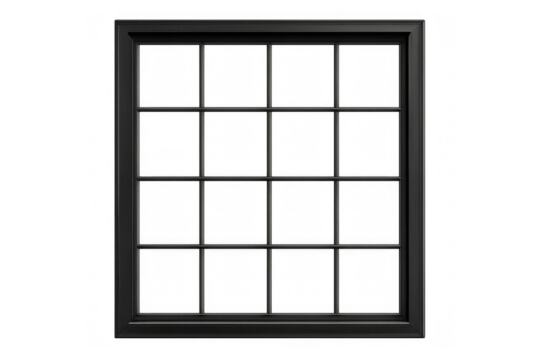 Black window frame with transparent glass panes and an elegant grid pattern, creating architectural design element