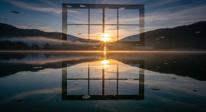 Window frames a beautiful sunrise reflecting on still water creating a serene landscape scene evoking feelings of peace and tranquility with the sun's golden light illuminating the horizon symbolizin