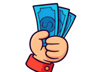 Hand holding cash currency, paying for goods and services, earning money, financial success, savings, wealth, cartoon illustration