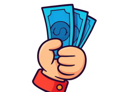 Hand holding cash currency, paying for goods and services, earning money, financial success, savings, wealth, cartoon illustration