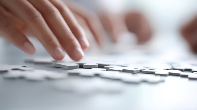 Hands of business team assembling puzzle, creative group activity for problem solving and project solutions