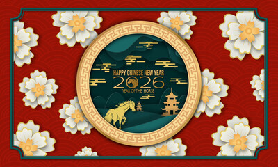 Lunar New Year, Year of the Horse. Red, teal, and gold paper-cut design featuring a dynamic golden horse, pagoda, clouds, and white/gold plum blossoms on a traditional wave pattern.