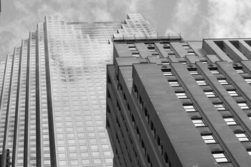 Fototapeta premium black and white representation of the historic Bank of Nova Scotia (northeast corner of King and Bay) and towering above Scotia Plaza, Toronto