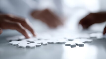 Hands of business team assembling puzzle, creative group activity for problem solving and project solutions