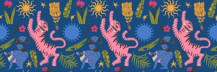 Funky tropical pattern with tiger lemur and jungle palm leaves.