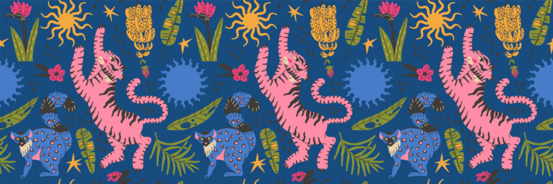 Funky tropical pattern with tiger lemur and jungle palm leaves.