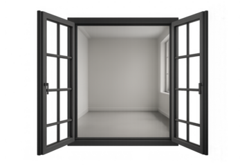 Open window in minimalist room with elegant black frame offering a new perspective and transparent background