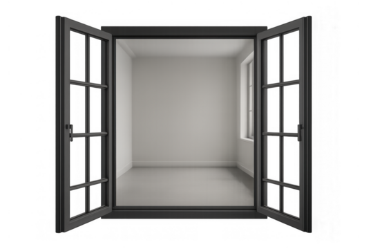 Open window in minimalist room with elegant black frame offering a new perspective and transparent background