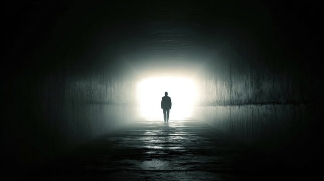 Man Standing in Dark Tunnel Symbolizes Fear of Moving Forward Into the Unknown Light Ahead