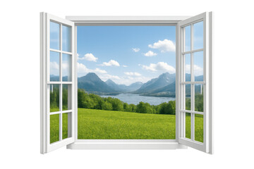 Obraz premium Open white window offering a scenic summer landscape view with mountains, lake, and green meadow on transparent background