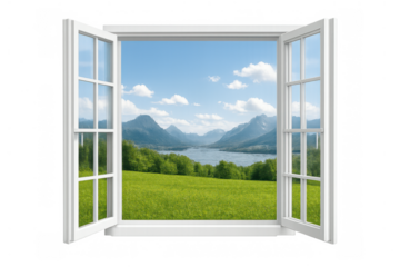 Open white window offering a scenic summer landscape view with mountains, lake, and green meadow on transparent background