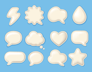 Realistic 3D white puffy glossy stickers with soft creamy texture on blue background.