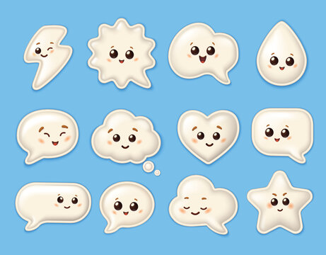 Cute 3D kawaii puffy glossy stickers with smiling faces in various shapes on blue background.