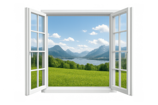Open white window offering a scenic summer landscape view with mountains, lake, and green meadow on transparent background - Powered by Adobe