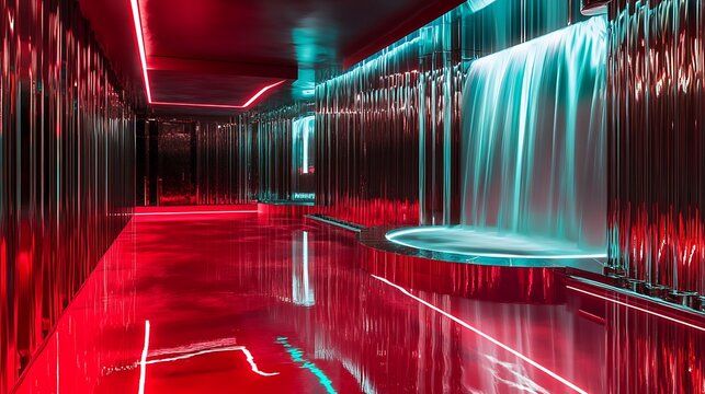 Immersive vibrant waterfall installation with captivating red and teal lighting offers a modern, luxurious, and unforgettable sensory experience for visitors - Powered by Adobe