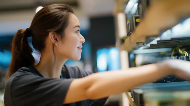 Retail employee arranging boxes of powerful graphics cards on illuminated shelves in a mining equipment store, emotion of professionalism and pride visible, highlighting cryptocurrency mining