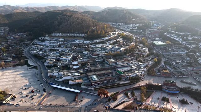 Aerial shot of Kumbum Monastery in Xining, Qinghai, a Tibetan Buddhist monastery