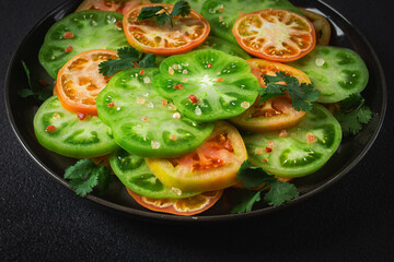 Sliced green tomatoes, on a dark surface, garnished with herbs and salt, top view,