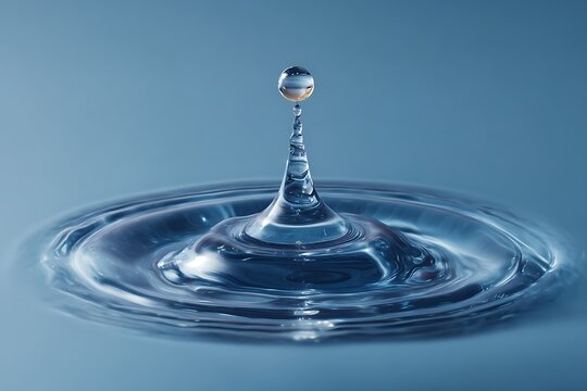 Water drop creating ripple splash column on blue liquid