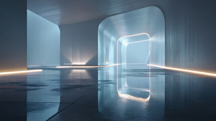 Sci-fi or futuristic architecture background. A minimalist, abstract tunnel with a wet, reflective floor and curved walls. Neon light strips in orange and white illuminate the cold, modern space