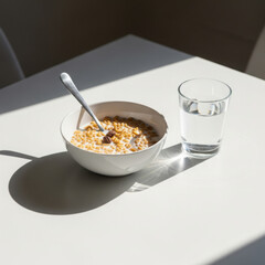 A white bowl of cereal with milk and a spoon next to a glass of water on a white table