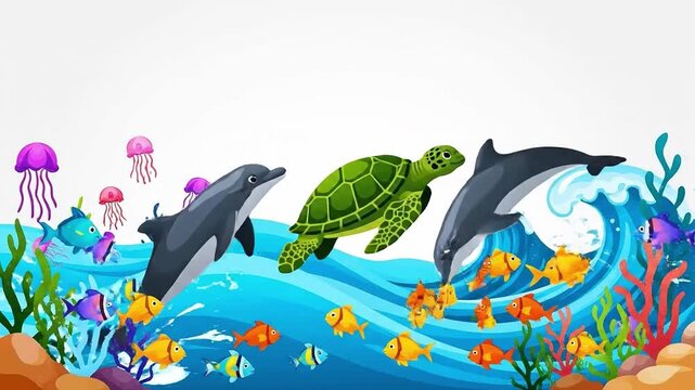 Oceanic animation featuring dolphins, turtles, fish, and jellyfish with vibrant colors, and
