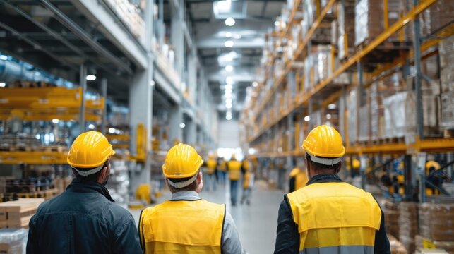 Warehouse Workers in Safety Helmets Conducting Inventory Inspection in Large Storage Facility