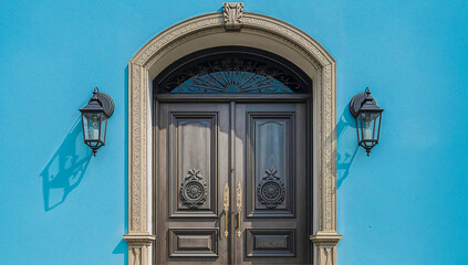 Elegant wooden double doors with ornate details and decorative wall sconces
