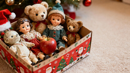 Vintage toys and dolls in a festive box for New Year's toy drive under the New Year's tree, space for text
  