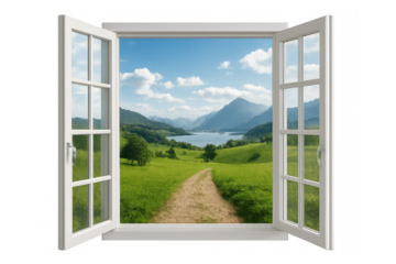 Open window framing scenic mountain and lake landscape with path, opportunity, new beginning, transparent background