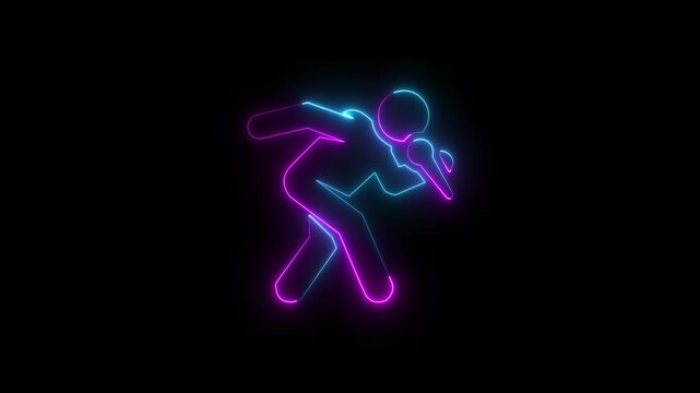 Neon silhouette person singing karaoke at arcade machine glowing  light on black background abstract. glowing neon Speaker man icon. motion graphic animation video. on black background.