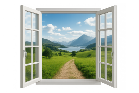 Open window framing scenic mountain and lake landscape with path, opportunity, new beginning, transparent background