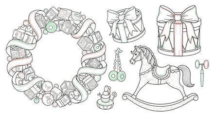 Elegant Toy Workshop Vector Elements with block wreath and rocking horse for Christmas branding